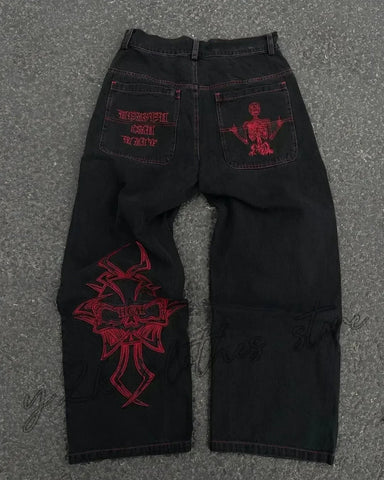 Hip Hop Baggy Jeans  Harajuku Goth Y2k Jeans for Black Striped Embroidered Wide Leg Denim Pants High Street Streetwear