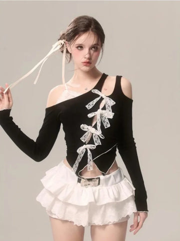 Voguable Lace Fake Two Piece Blouse Japanese Style Bow Kawaii Y2k T Shirt Spicy Girl Aesthetics Slim Tees Chic