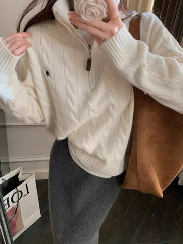 Voguable  Y2k Vintage Streetwear Knitted Pullovers Korean Style Casual Losse Zipper Solid Embroidery Sweater