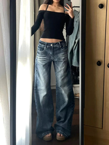 Voguable Y2k Vintage Wide Leg Jeans for Washed Casual High Waist Loose Denim Pants Streetwear Korean Straight Trousers