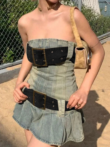 Vintage Y2k Strapless Denim Dress Bodycon Korean Kpop Belt Pleated Mini Dress 2000s Streetwear