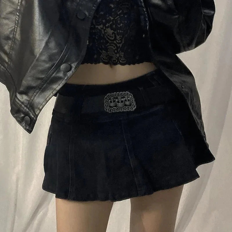 Harajuku Y2k Denim Skirt Dark Gothic Streetwear Mini Skirt with Skull Belt Mall Goth Punk Grunge Emo Clubwear