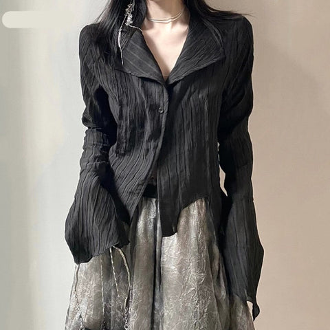 Voguable Gothic Black Shirt Yamamoto Style Dark Aesthetic Blouse Irregular Designer Clothes Emo Alt Clothes Grunge Tops Y2k