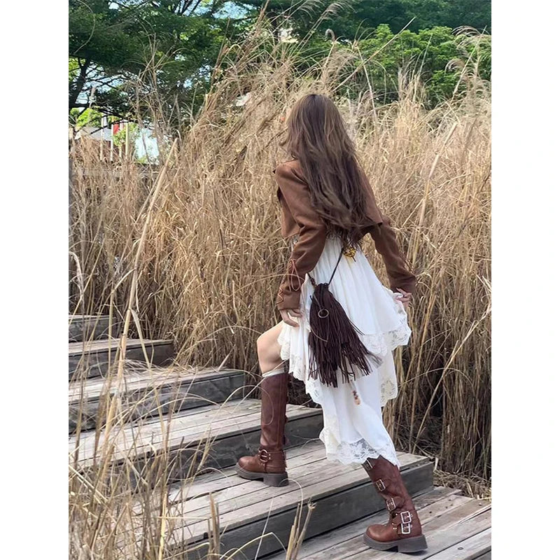 Voguable Y2K 2000S Irregular Midi Dress Fairy Lace Patchwork Strap One Pieces Dresses Vacation Korean Bodycon Vestidos