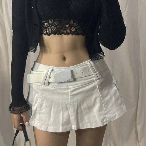 Harajuku Y2k Denim Skirt Dark Gothic Streetwear Mini Skirt with Skull Belt Mall Goth Punk Grunge Emo Clubwear