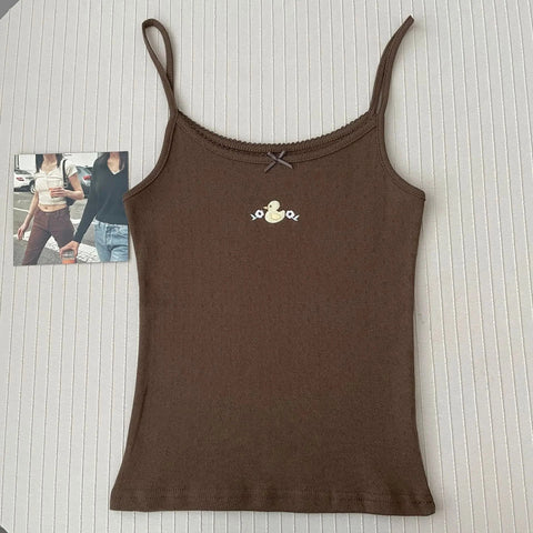 Floral Eyelet Bow Cotton Crop Tops Lace Trim Sleeveless Slim Tank Top Preppy Style Sweet Camisole Y2k Clothes