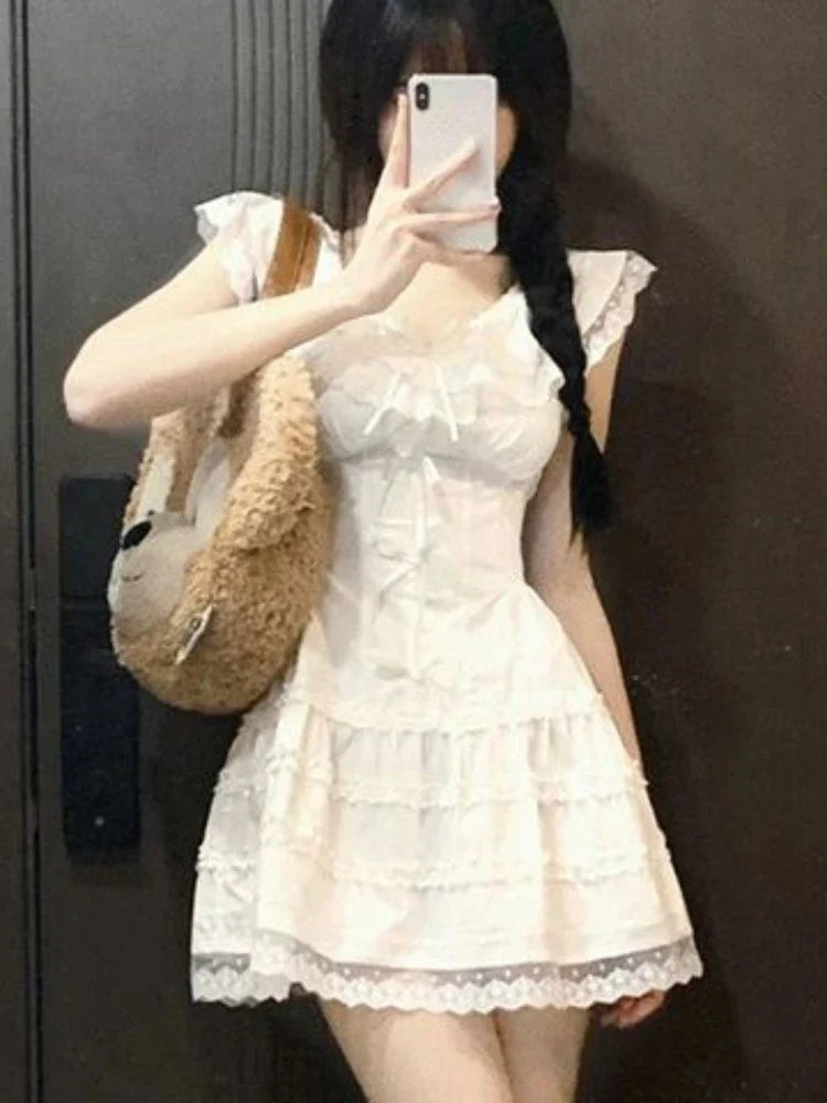 Voguable Y2k Coquette White Lolita Sweet White Kwaii Cute Mini Dress Lace Bow Princess Slip Lace Short Dresses Fashion