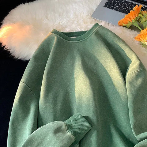 American Washed Old Pullovers Sweatshirts Loose Solid Color Large Size Warm O Neck Tops Hip Hop Y2k Sweatshirt