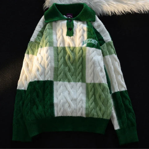 Voguable Vintage Plaid Green Knitted Sweater Checked Pullover Y2K Blue Sweaters Winter Harajuku Japanese Streetwear