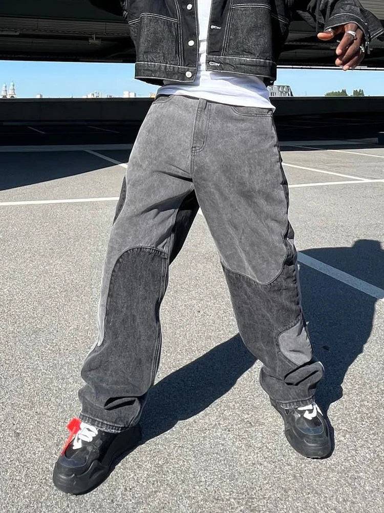 Baggy Jeans Y2K Hombre Design Gray Spliced Denim Pants Loose Jean Trousers Vaqueros Patchwork Straight Jeans For Men