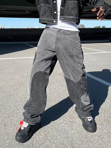 Baggy Jeans Y2K Hombre Design Gray Spliced Denim Pants Loose Jean Trousers Vaqueros Patchwork Straight Jeans For Men