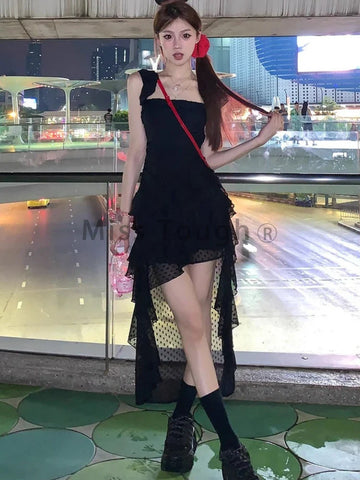 Voguable Y2k Vintage Mini Dress Irregular Korean Casual One Piece Dress FeTierred Elegant Chic Clothes New