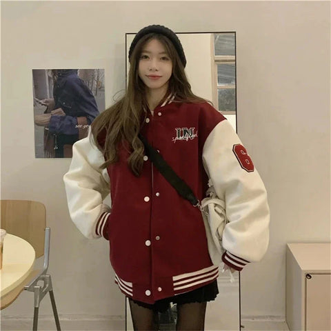 Y2k Varsity Bomber Jacket Red Brown Korean Winter Coat Vintage Baseball Jackets Hip Hop Streetwear Outerwear Tide