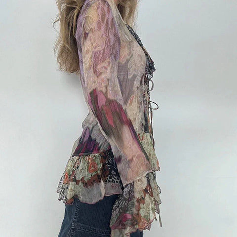 Vintage Transparent Crop Top with Slit 90s Mesh Print Ruffles Patchwork Full Sleeve Bandage T-shirt Grunge y2k Tees