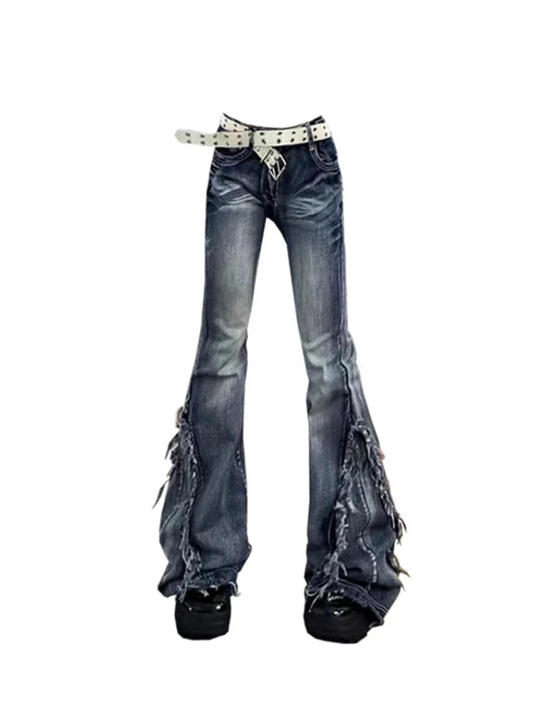 Voguable American Retro Y2K Flare Jeans Scratched Slim Bell Bottoms Gyaru Denim Pant  Raw Edge Trousers Hip Hop High Street