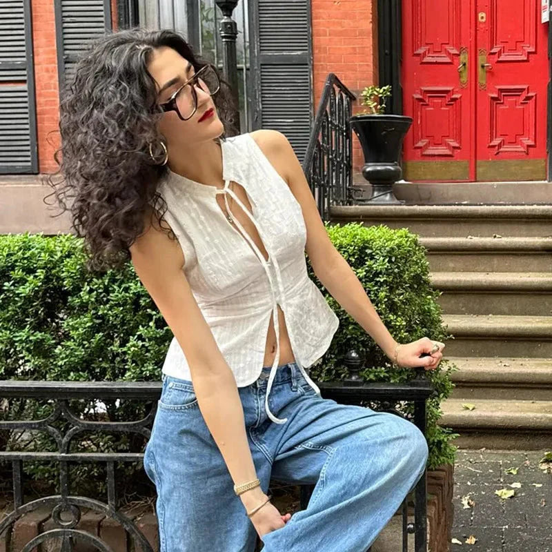 y2k Tank Top Clothes White Flower Embroidery Mock Neck Front Cutout Sleeveless T Shirt Vest Streetwear