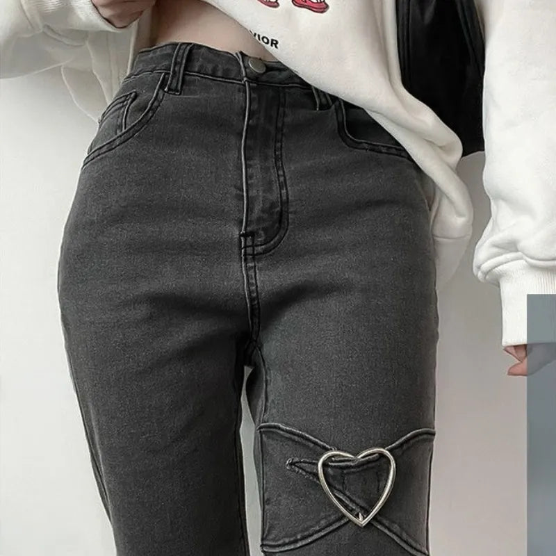 Jeans for Vintage Black Denim Flare Pants Streetwear High Waist Slim Mom Trouser Harajuku Y2K Pants