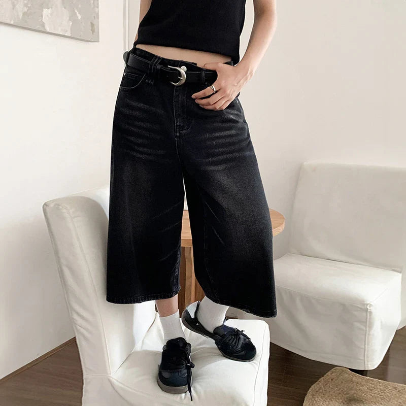 Voguable Y2k Retro Low Rise Jorts Brushed Black Wash Cropped Baggy Jeans Wide Leg Frayed Denim Short Pants Acubi Fashion