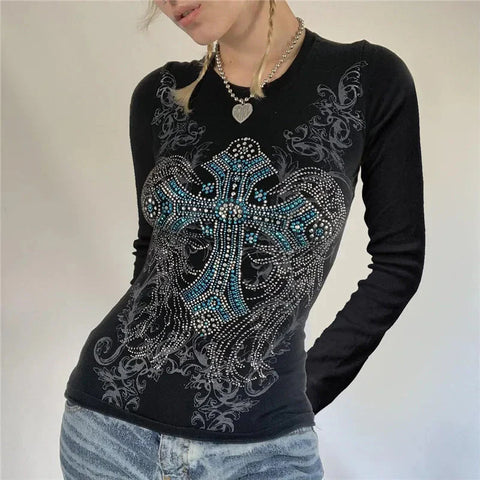 Goth T Shirts y2k Aesthetic Fairy Grunge Clothes Rhinestone Cross Wings Pattern Short Sleeve Tops Streetwear