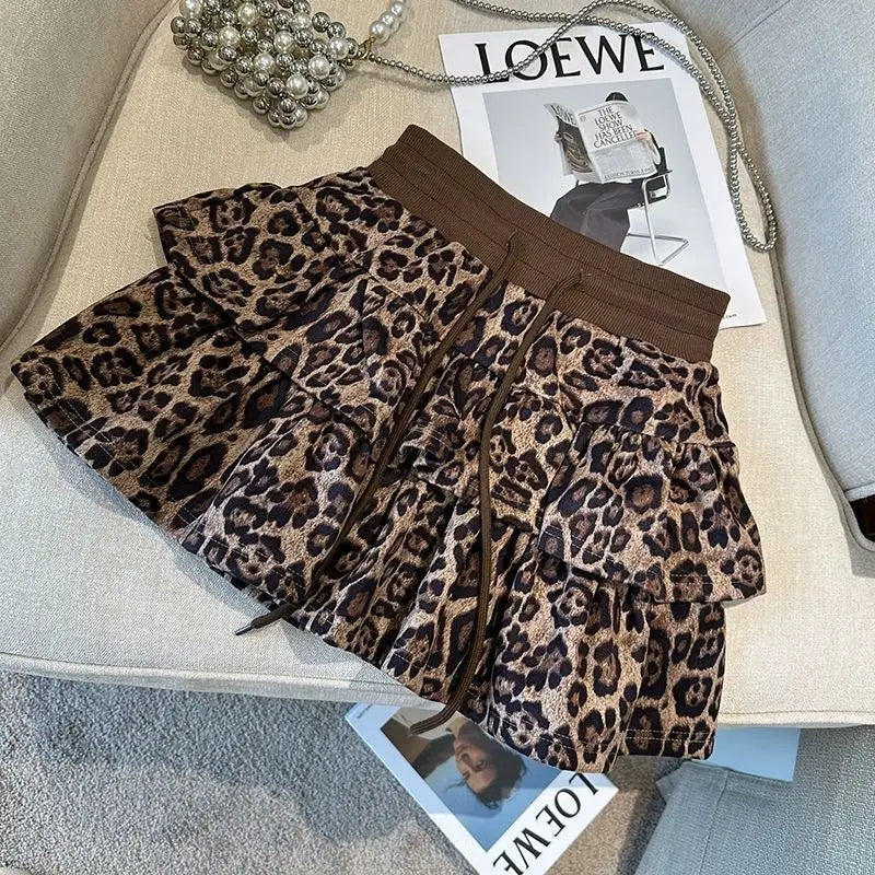 American Leopard Print Fluffy Skirts Y2K High Waist Ruffles Mini Skirts Sweet Preppy All Match A Line Skirt