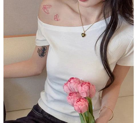 Solid Off Shoulder Short Sleeve T Shirt Simple Basic Single Sleeved Jumper Top Streetwear Slim Fit FeY2K Clothes Tees