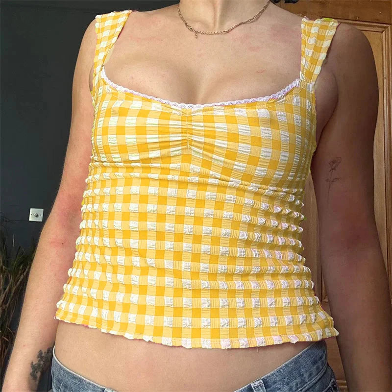 y2k Tops for Fairycore Clothing Plaid Print Lace Trim Sleeveless Tanks T Shirts 2000s Clothing Streetwear