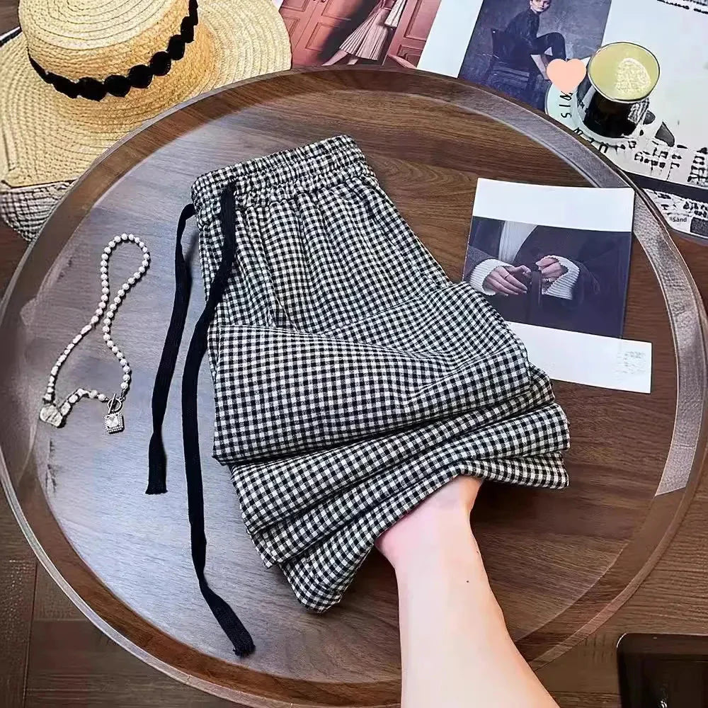 Korean Chic Plaid Casual Pants High Waist Retro All Match Wide Leg Pants Y2K Loose Drawstring Straight Trousers