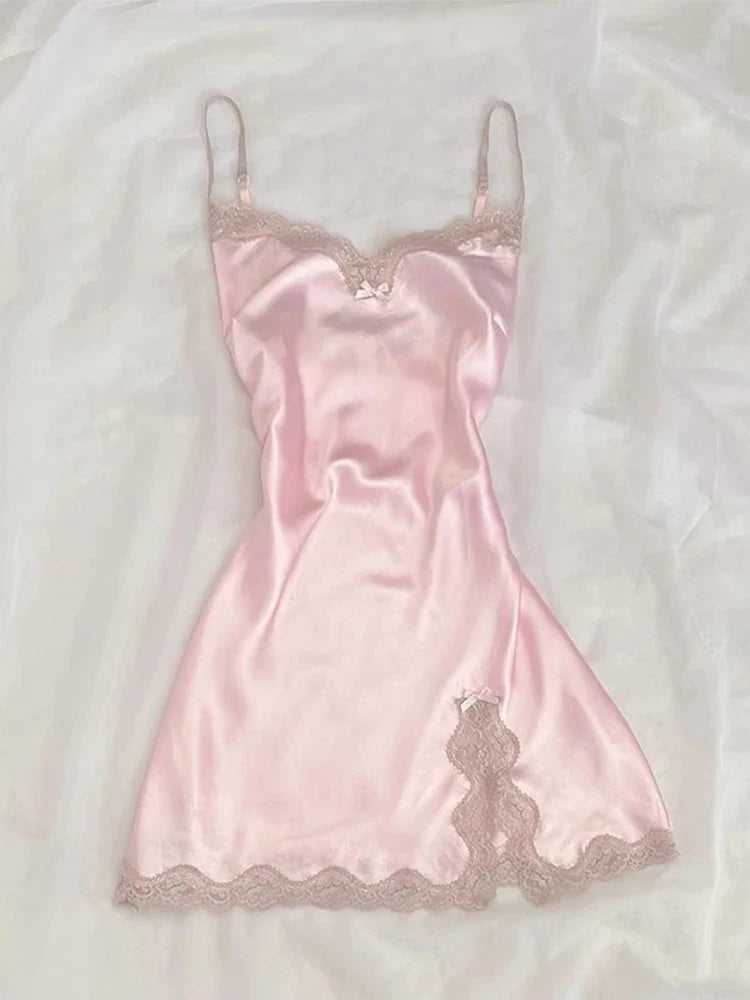 dress lace Harajuku solid color Y2K slit short skirt cute emo girls comfortable satin aesthetic sling dress