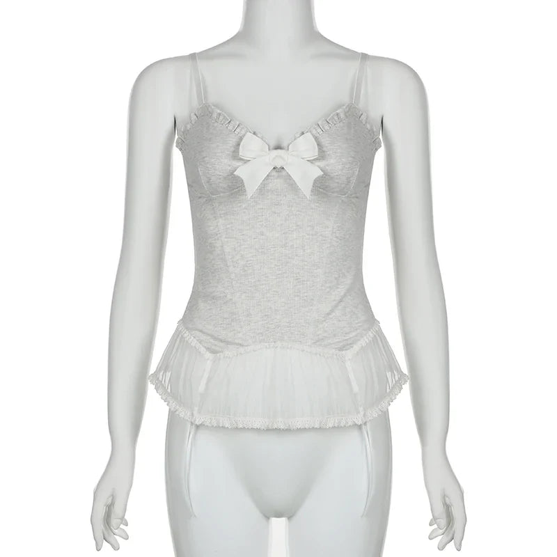 Voguable  Y2K Lace Ruffles Crop Top Coquette Aesthetic Bow Milkmaid Corset Cute Japanese Lolita Style Camis Fairy Vest