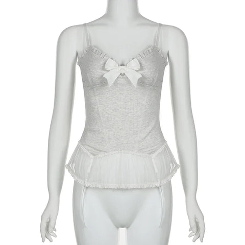 Voguable  Y2K Lace Ruffles Crop Top Coquette Aesthetic Bow Milkmaid Corset Cute Japanese Lolita Style Camis Fairy Vest