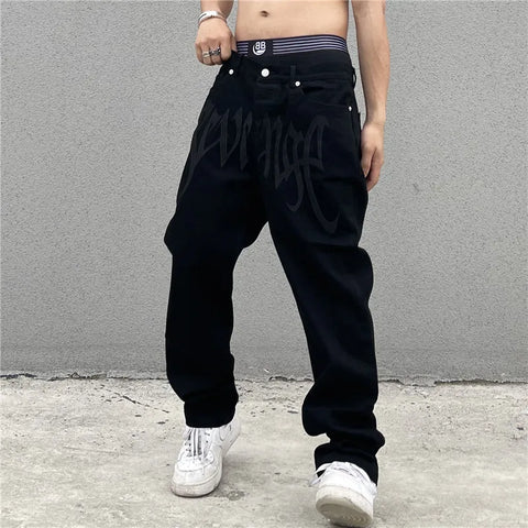Y2K Black Baggy Jeans Streetwear American Retro Printed Letter Pants Straight Hip-hop Loose Denim Trousers