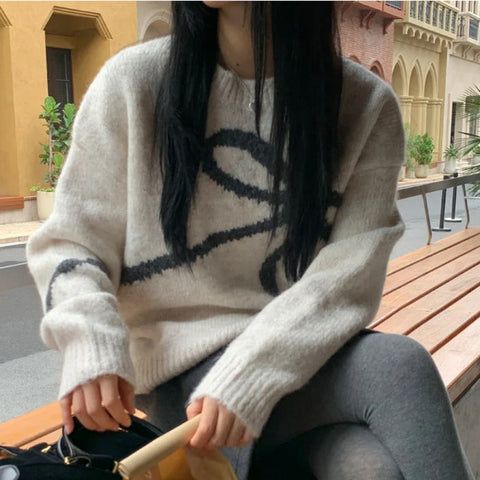 Elegant Bow Sweaters Vintage Y2k Knitted Pullovers Winter Loose Long Sleeve Aesthetics Streetwear Jumpers