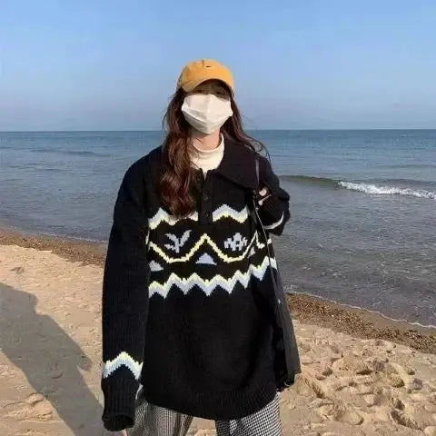 POLO collar sweater for women, thickened and winter style, ethnic style knitted bottoming sweater, worn alone y2k top