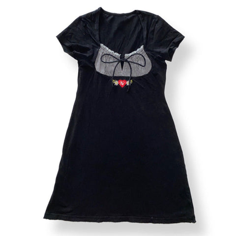 Voguable  Vintage Kawaii Bow Embroidery Mini Dress Patchwork Square Collar Short Sleeve Black Dress Retro Y2K Aesthetic Fairy Clothes