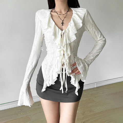 Fairycore Top White Clothes Gothic Ruffled V Neck Flared Long Sleeve Ripped Blouse Shirt y2k Aesthetic Clothing
