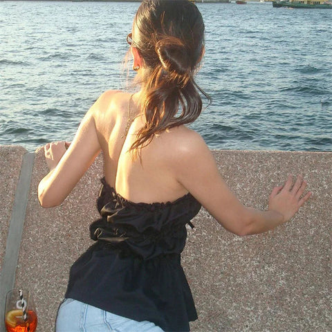 Tube Tops y2k Clothes Solid Color Off Shoulder Strapless Sleeveless Ruched Bandeau Tie Up Vest 2000s Streetwear