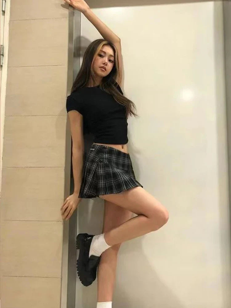 Vintage Y2K Plaid Mini Skirt Preppy Style Low Waist Slim A-line Side Split Retro Pleated Skirt Streetwear