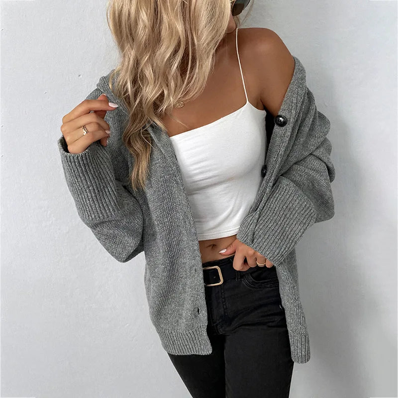 Winter Knitwear Y2k Harajuku Casual Single Breasted Solid Color Hooded Drawstring Knit Cardigan Sweater Women