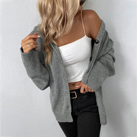 Winter Knitwear Y2k Harajuku Casual Single Breasted Solid Color Hooded Drawstring Knit Cardigan Sweater Women