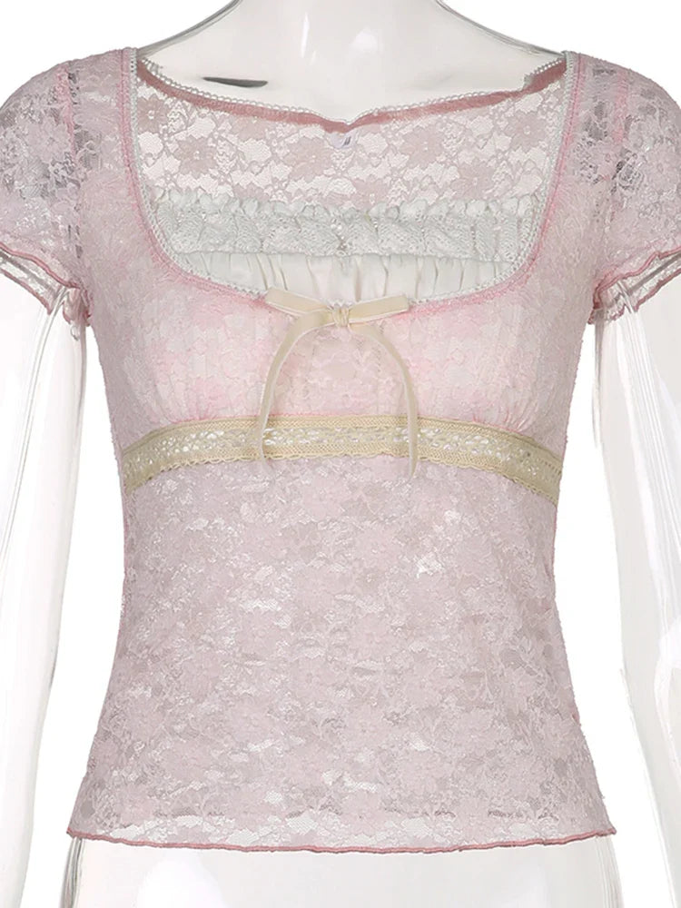 Voguable  Bow Patchwork Lace Crop Top Y2K Aesthetic T-shirt Short Sleeve Kawaii Clothes Lolita Style Cute Pullovers Fairycore Tee