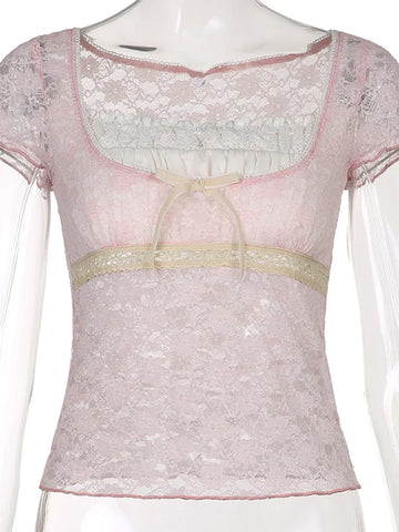 Voguable  Bow Patchwork Lace Crop Top Y2K Aesthetic T-shirt Short Sleeve Kawaii Clothes Lolita Style Cute Pullovers Fairycore Tee