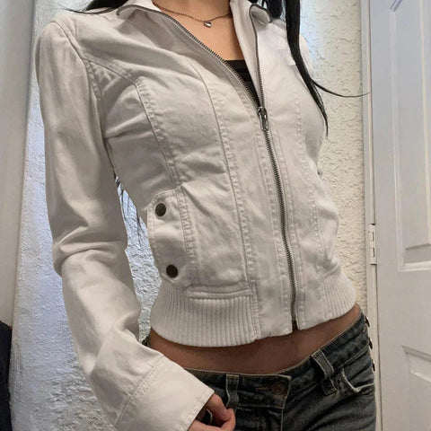 Patchwork Zip-up Cropped Jacket y2k Streetwear Full Sleeve Turtleneck Pockets Coat for Vintage 2000s Clothing Basic