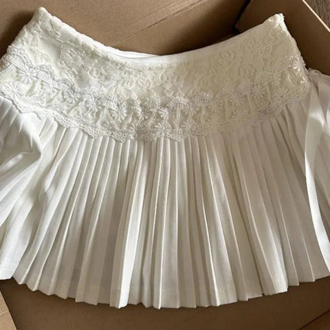 Y2K Lace Up Mini Skirts Korean High Waist Preppy Lace Patchwork Pleated Skirt Sweet Lolita A Line Faldas Mujer