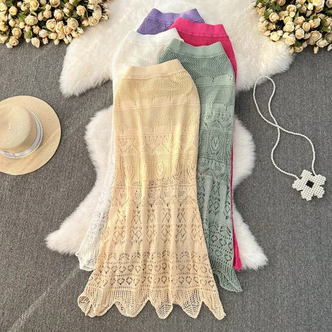 Voguable Boho Retro Holiday Long Skirts Y2k Crochet Hollow Out FeTrumpet Skirt Ladies Elegant Skirt