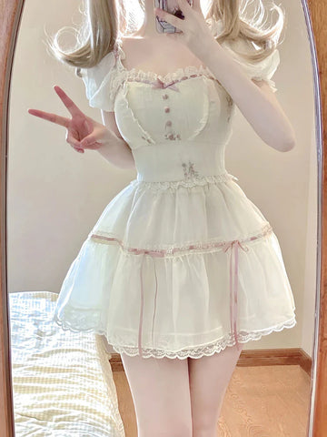 Voguable Sweet Square Neck 2 Piece Dress Set Short Sleeve Y2k Crop Tops + Casual Mini Skirt Korean FeSuit