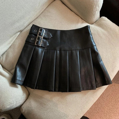 S-3XL Y2K Pu Leather Mini Skirts Streetwear High Waist Pleated Skirt Vintage Korean Black Slim Casual A Line Skirts