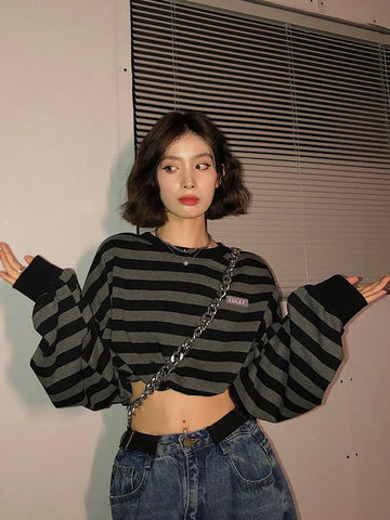 Voguable Cropped Y2K Striped Sweatshirts Harajuku Gothic Tops Vintage Streetwear Casual Bf Oversize Long Sleeve Pullover