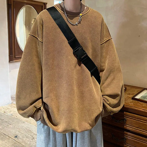 American Washed Old Pullovers Sweatshirts Loose Solid Color Large Size Warm O Neck Tops Hip Hop Y2k Sweatshirt