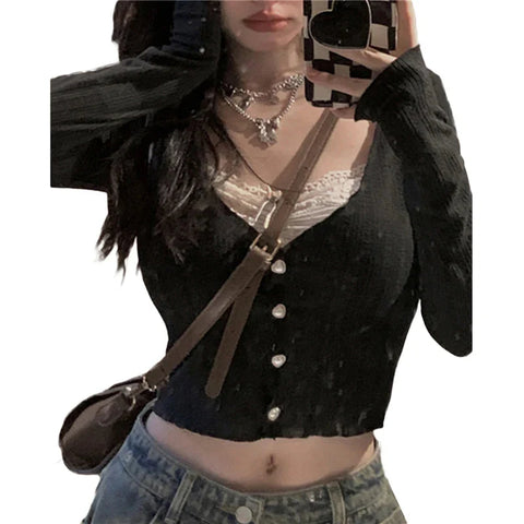 y2k Crop Top Sweet Aesthetic Clothes Lace Patchwork Long Sleeve T Shirt with Bow Decor 2000s Clothing Streetwear