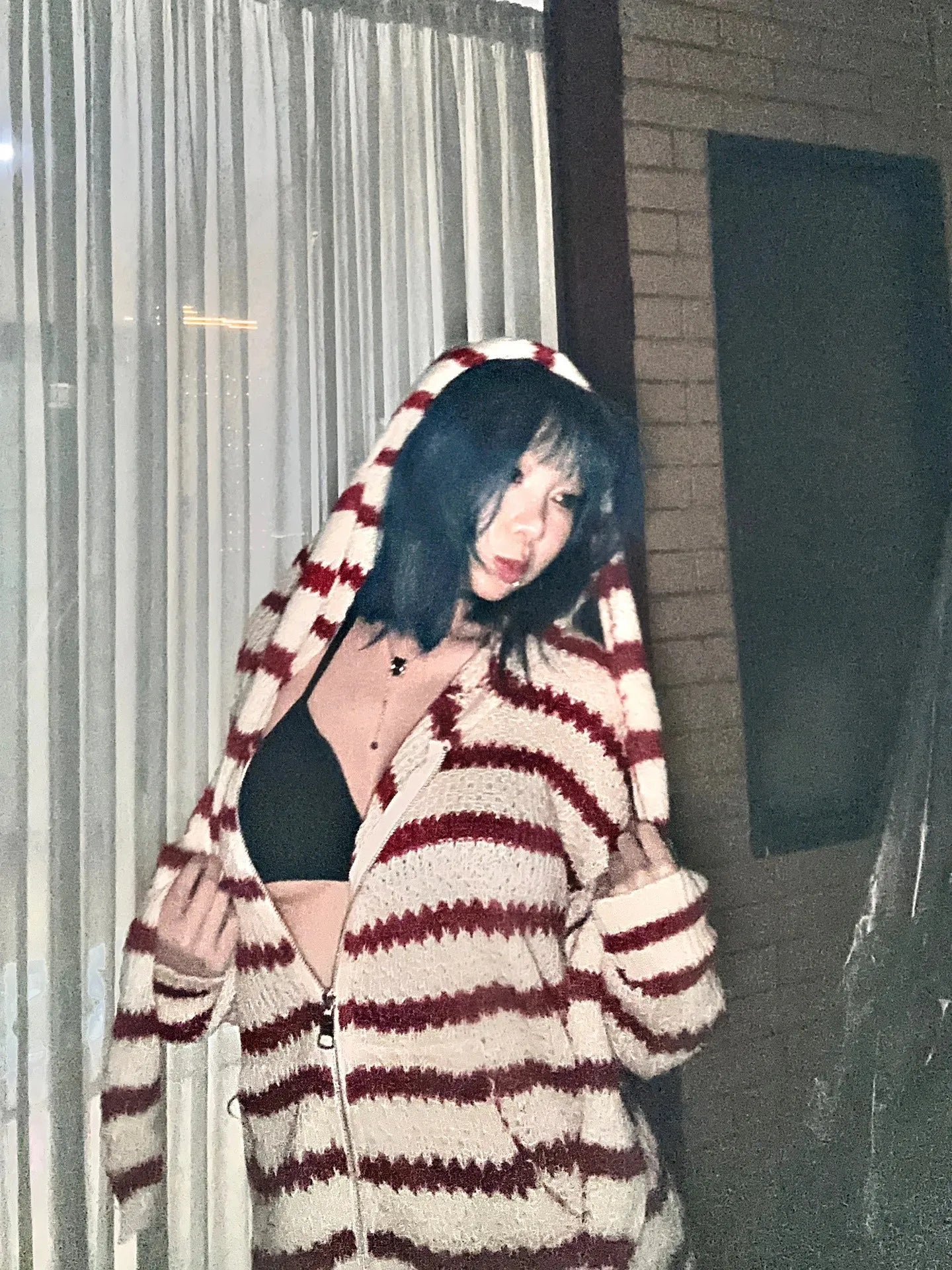 Japanese Y2k Hooded Cardigan 2000s Aesthetics Rabbit Ears Zipper Knitwear Vintage Harajuku Red Stripe Sweater Grunge